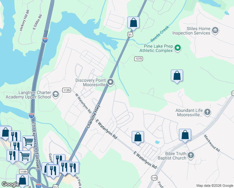 map of restaurants, bars, coffee shops, grocery stores, and more near 123 Waterlynn Ridge Road in Mooresville