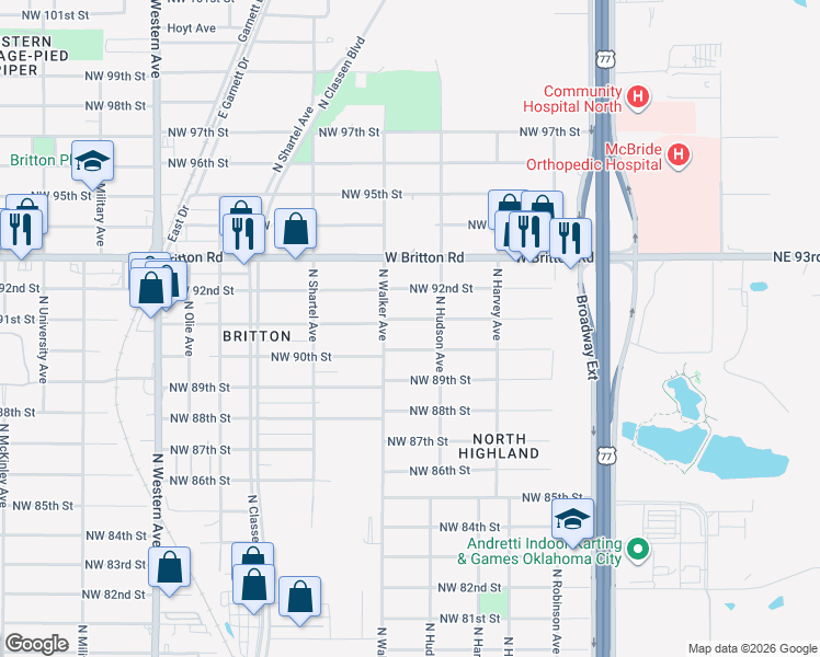 map of restaurants, bars, coffee shops, grocery stores, and more near 412 Northwest 91st Street in Oklahoma City