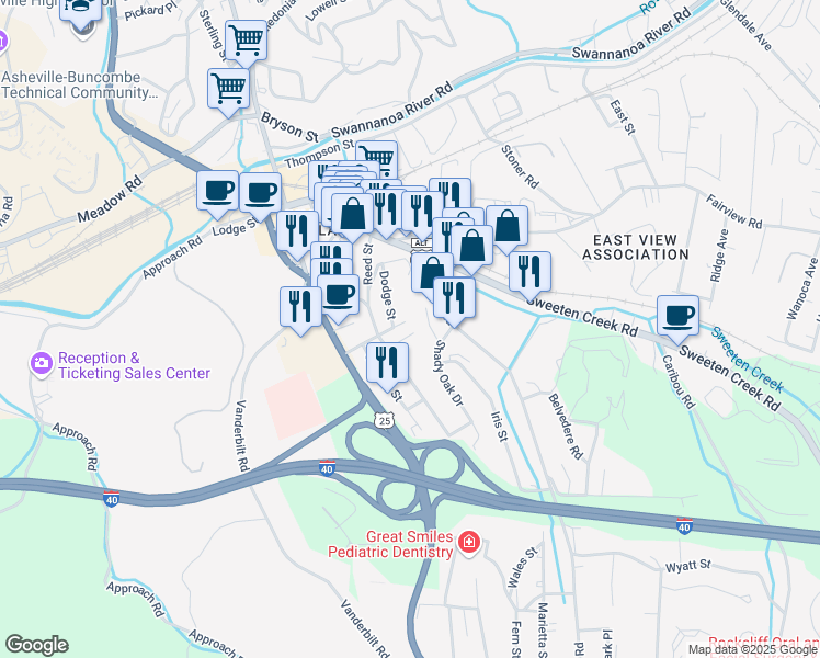 map of restaurants, bars, coffee shops, grocery stores, and more near 11 Irwin Street in Asheville