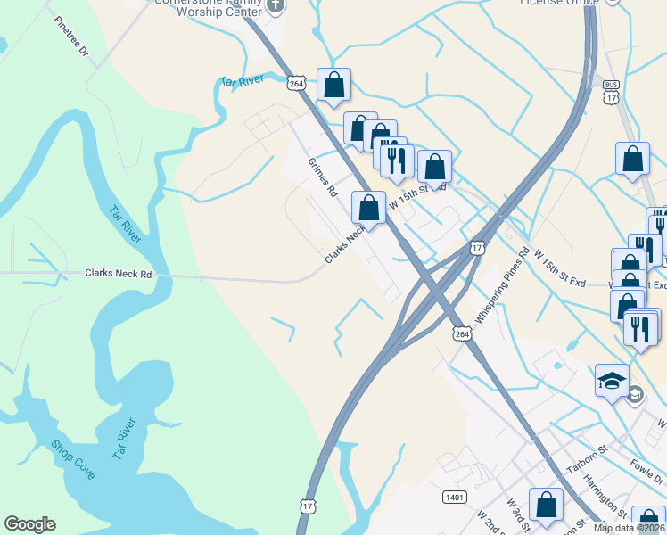 map of restaurants, bars, coffee shops, grocery stores, and more near 207 Clarks Neck Road in Washington