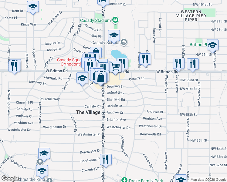 map of restaurants, bars, coffee shops, grocery stores, and more near 1613 Oxford Way in The Village
