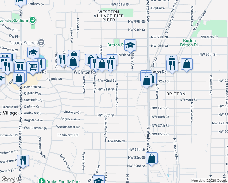 map of restaurants, bars, coffee shops, grocery stores, and more near 9201 North University Avenue in Oklahoma City