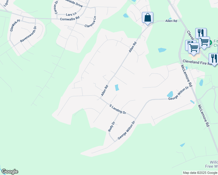 map of restaurants, bars, coffee shops, grocery stores, and more near 877 Allen Road in Clayton