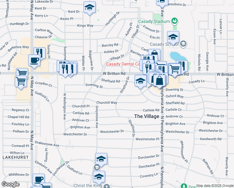 map of restaurants, bars, coffee shops, grocery stores, and more near 1905 Hasley Drive in The Village