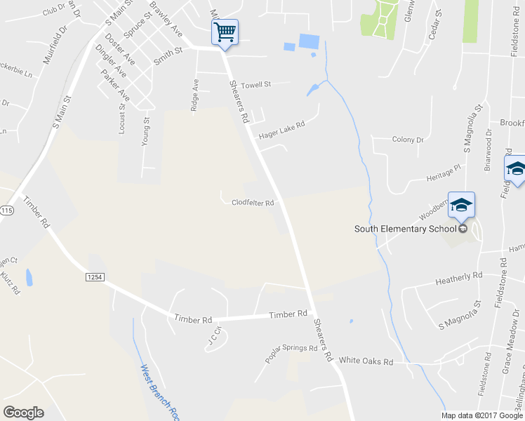 map of restaurants, bars, coffee shops, grocery stores, and more near 117 Clodfelter Road in Mooresville