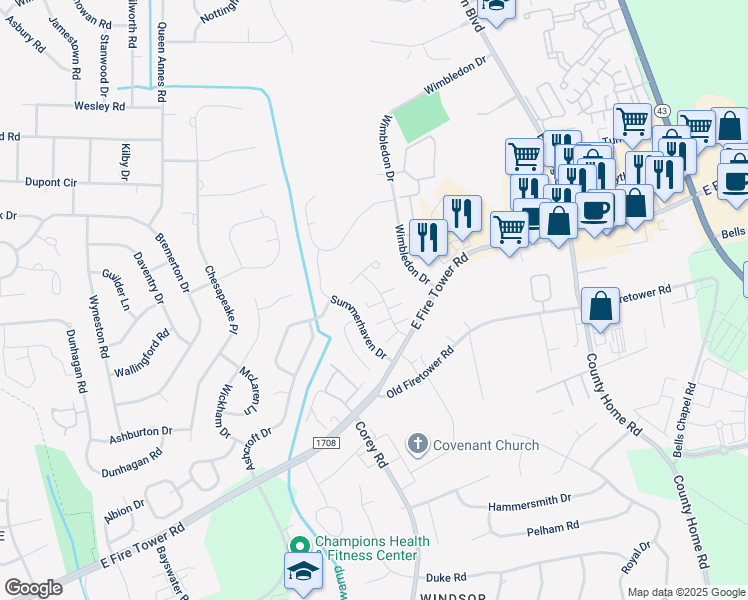 map of restaurants, bars, coffee shops, grocery stores, and more near 2004 Tower Place in Greenville