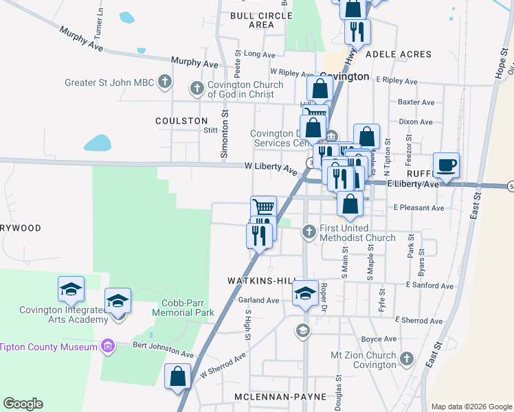 map of restaurants, bars, coffee shops, grocery stores, and more near 208 South High Street in Covington