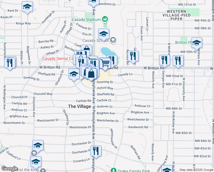 map of restaurants, bars, coffee shops, grocery stores, and more near 1613 Oxford Way in The Village