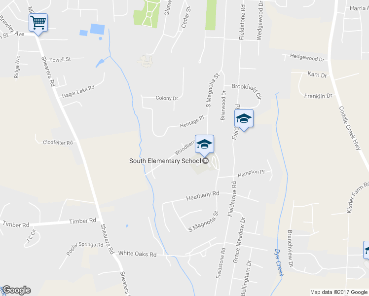 map of restaurants, bars, coffee shops, grocery stores, and more near Woodberry Drive in Mooresville