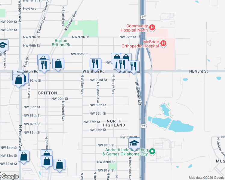 map of restaurants, bars, coffee shops, grocery stores, and more near 300 Northwest 91st Street in Oklahoma City