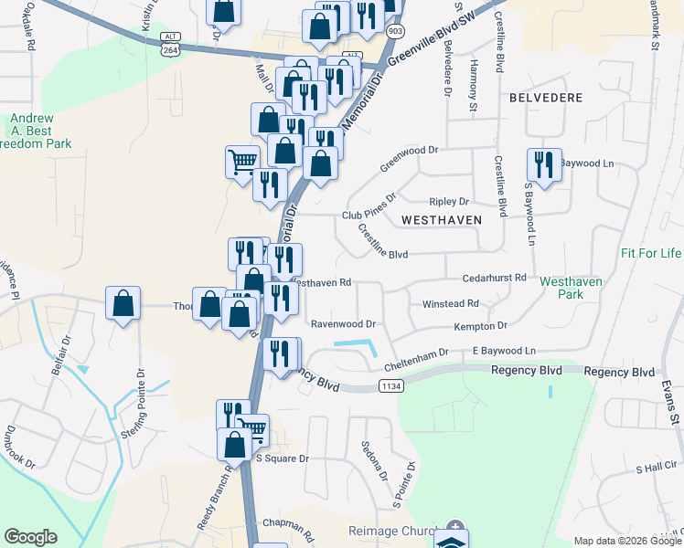 map of restaurants, bars, coffee shops, grocery stores, and more near 203 Westhaven Rd in Greenville