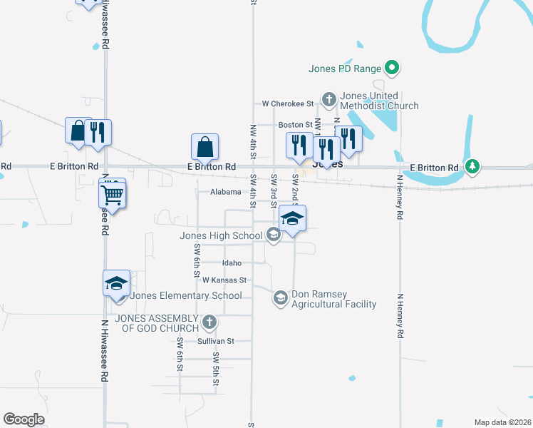 map of restaurants, bars, coffee shops, grocery stores, and more near 210 Southwest 3rd Street in Jones