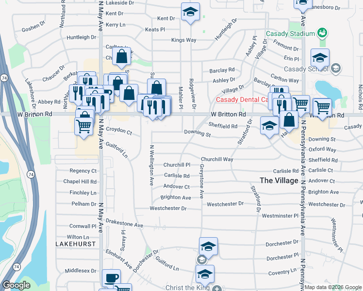 map of restaurants, bars, coffee shops, grocery stores, and more near 2204 Hasley Drive in The Village