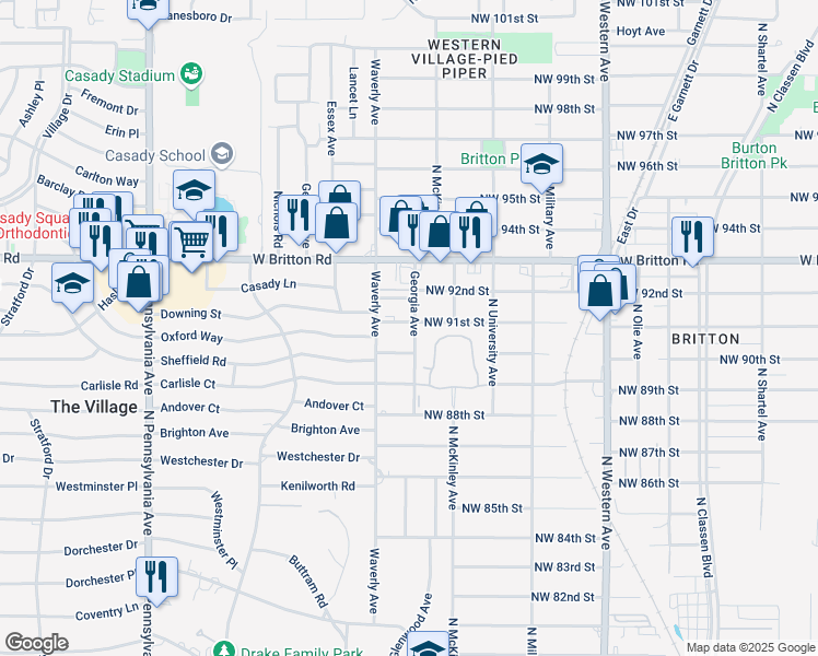 map of restaurants, bars, coffee shops, grocery stores, and more near 9115 Georgia Avenue in Oklahoma City