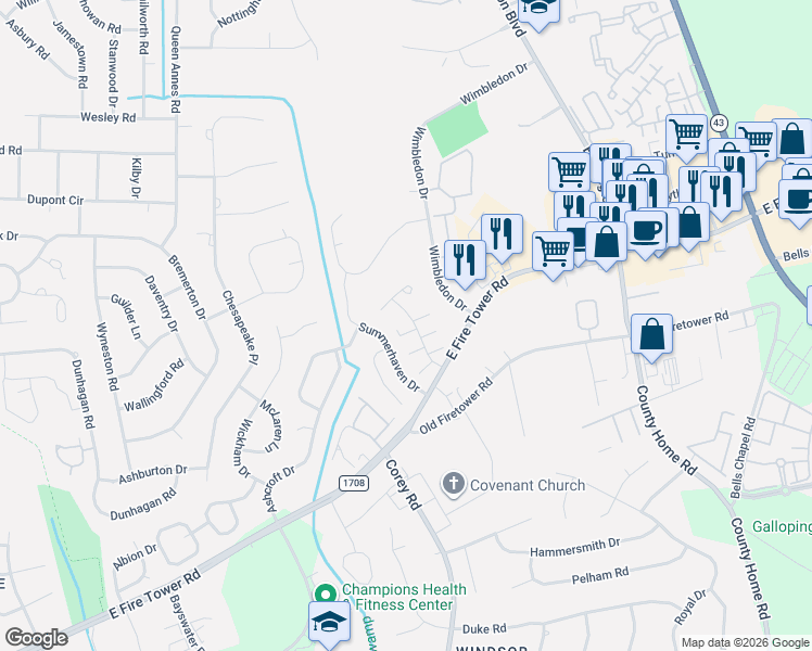 map of restaurants, bars, coffee shops, grocery stores, and more near 2005 Tower Place in Greenville