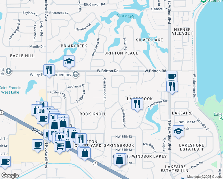 map of restaurants, bars, coffee shops, grocery stores, and more near 6412 Brentford Terrace in Oklahoma City