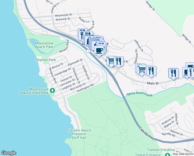 map of restaurants, bars, coffee shops, grocery stores, and more near Worcester Drive in Cambria
