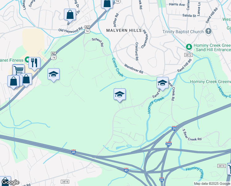 map of restaurants, bars, coffee shops, grocery stores, and more near 673 Sand Hill Road in Asheville