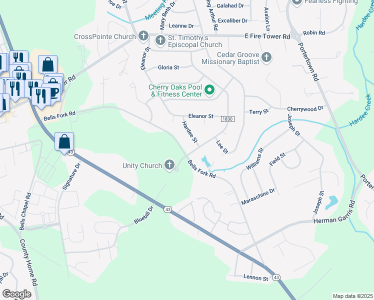 map of restaurants, bars, coffee shops, grocery stores, and more near 101 Harell Street in Greenville