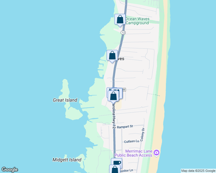 map of restaurants, bars, coffee shops, grocery stores, and more near 25884 North Carolina Highway 12 in Rodanthe