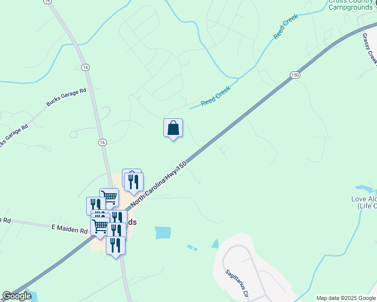 map of restaurants, bars, coffee shops, grocery stores, and more near 5814 East North Carolina 150 Highway in Maiden