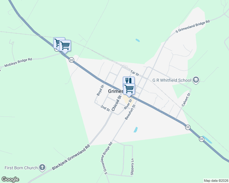 map of restaurants, bars, coffee shops, grocery stores, and more near 7544 Pitt Street in Grimesland