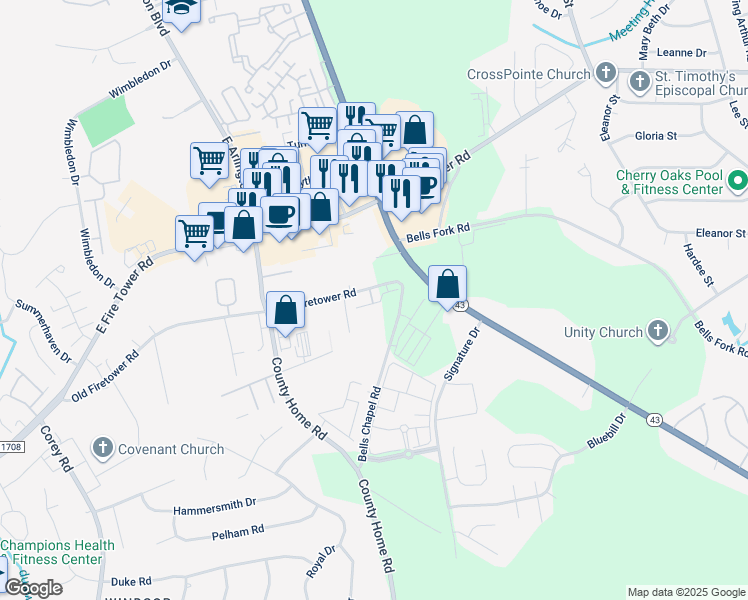 map of restaurants, bars, coffee shops, grocery stores, and more near 2074 Bells Chapel Road in Greenville
