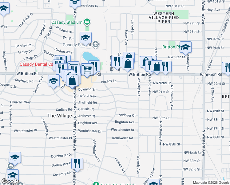 map of restaurants, bars, coffee shops, grocery stores, and more near 1415 Oxford Way in The Village
