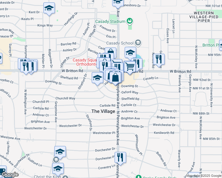 map of restaurants, bars, coffee shops, grocery stores, and more near 1716 Oxford Way in The Village