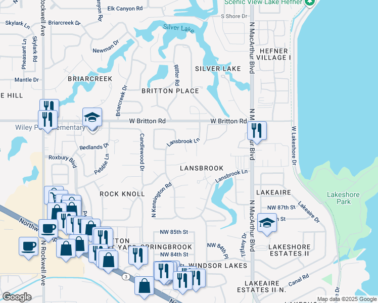 map of restaurants, bars, coffee shops, grocery stores, and more near 9204 Knightsbridge Road in Oklahoma City