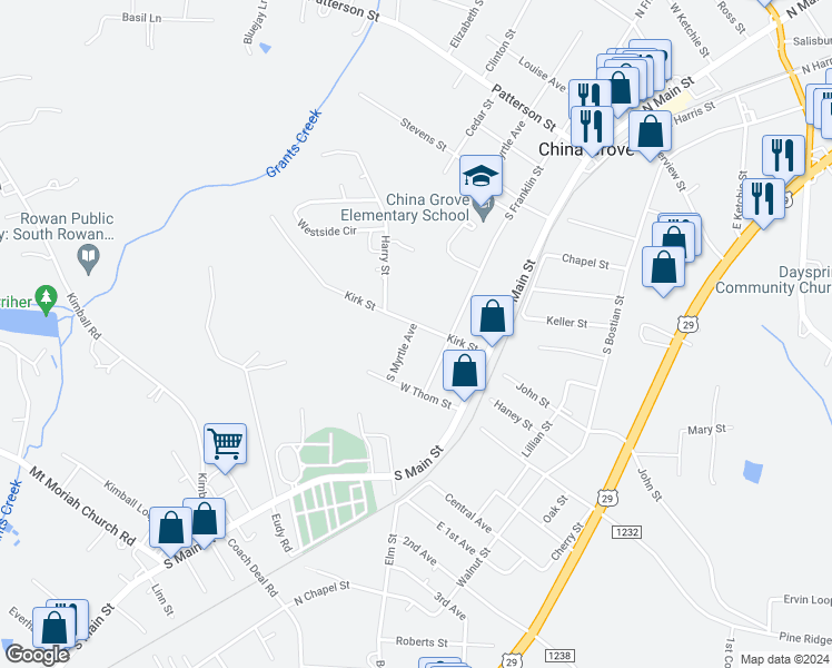 map of restaurants, bars, coffee shops, grocery stores, and more near 901 South Myrtle Avenue in China Grove