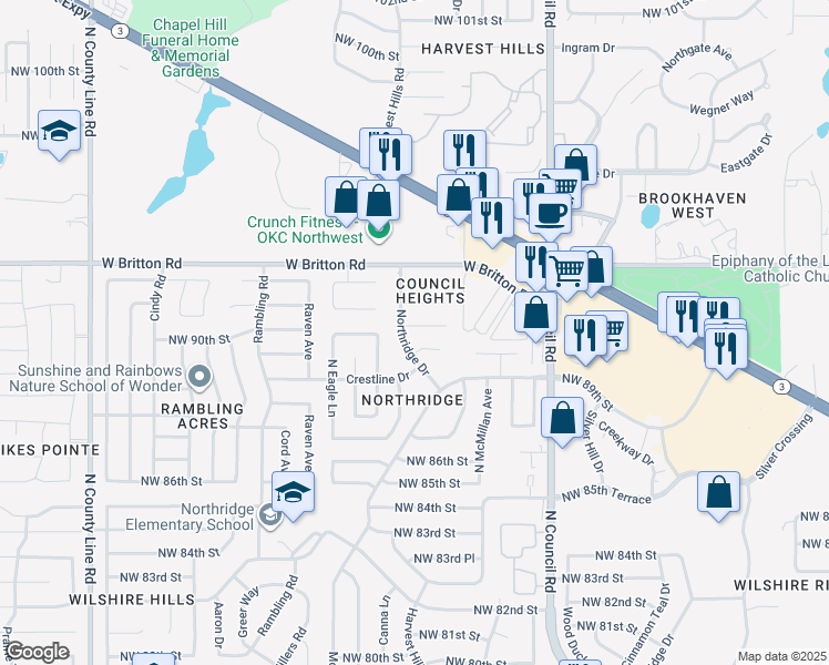 map of restaurants, bars, coffee shops, grocery stores, and more near 9024 Northridge Drive in Oklahoma City