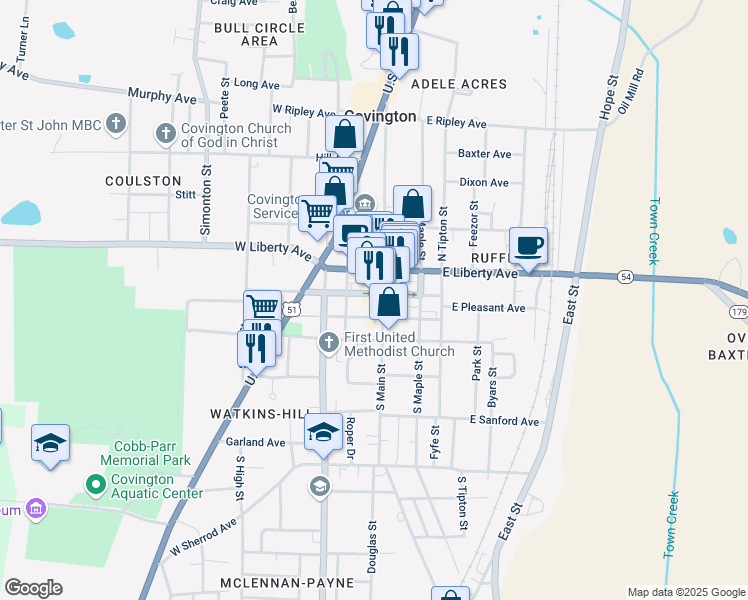 map of restaurants, bars, coffee shops, grocery stores, and more near in Covington