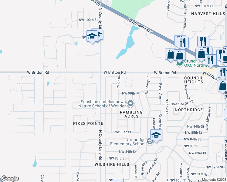 map of restaurants, bars, coffee shops, grocery stores, and more near 9104 Tracy Drive in Oklahoma City