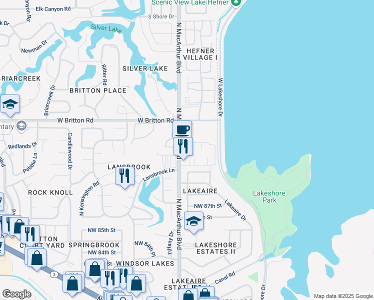 map of restaurants, bars, coffee shops, grocery stores, and more near 9136 North Macarthur Boulevard in Oklahoma City