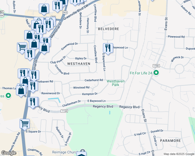 map of restaurants, bars, coffee shops, grocery stores, and more near 500 Cedarhurst Road in Greenville