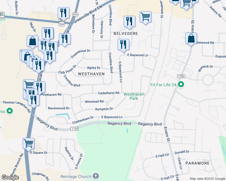 map of restaurants, bars, coffee shops, grocery stores, and more near 500 Cedarhurst Road in Greenville