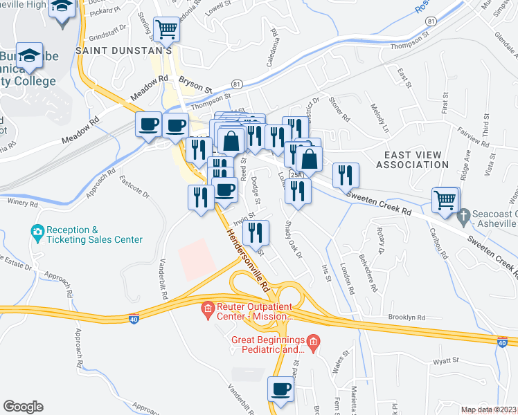 map of restaurants, bars, coffee shops, grocery stores, and more near 129A Dodge Street in Asheville