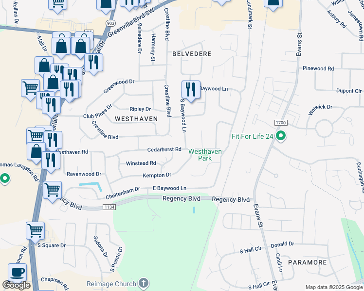 map of restaurants, bars, coffee shops, grocery stores, and more near 400 Cedarhurst Road in Greenville