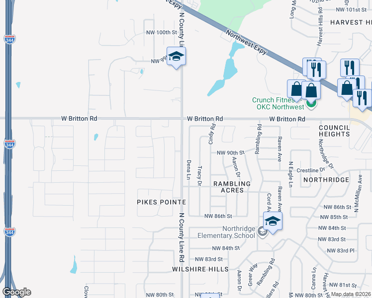 map of restaurants, bars, coffee shops, grocery stores, and more near 9105 Dena Lane in Oklahoma City