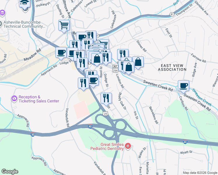 map of restaurants, bars, coffee shops, grocery stores, and more near 129 Dodge Street in Asheville