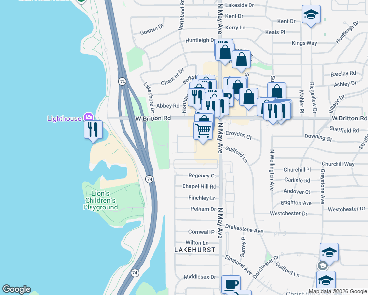 map of restaurants, bars, coffee shops, grocery stores, and more near 3200 West Britton Road in Oklahoma City