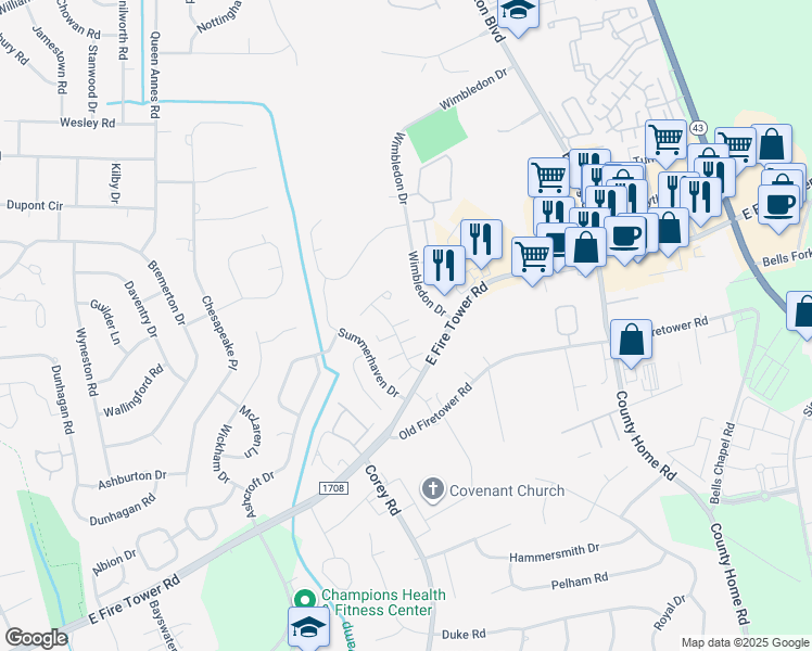 map of restaurants, bars, coffee shops, grocery stores, and more near 2005 Tower Place in Greenville