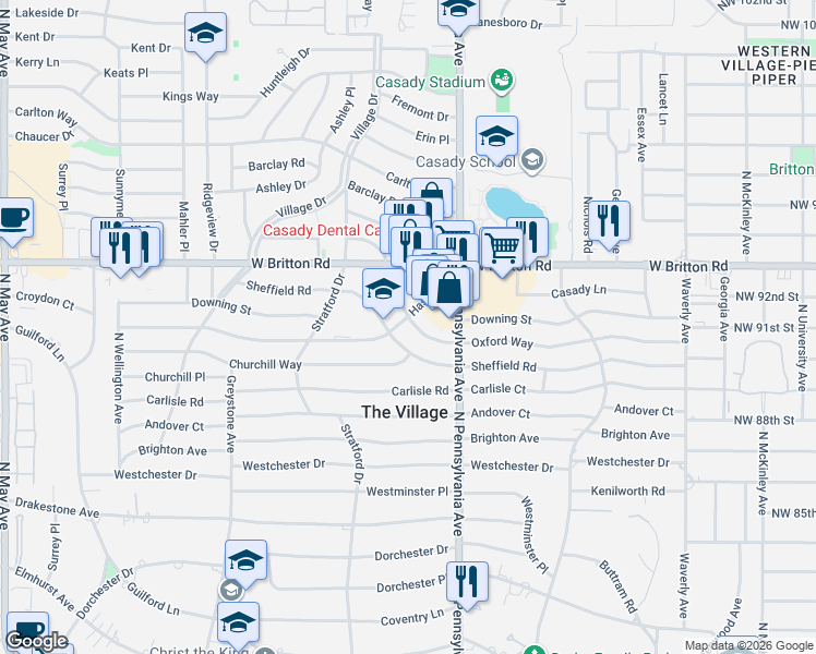 map of restaurants, bars, coffee shops, grocery stores, and more near 1716 Oxford Way in The Village