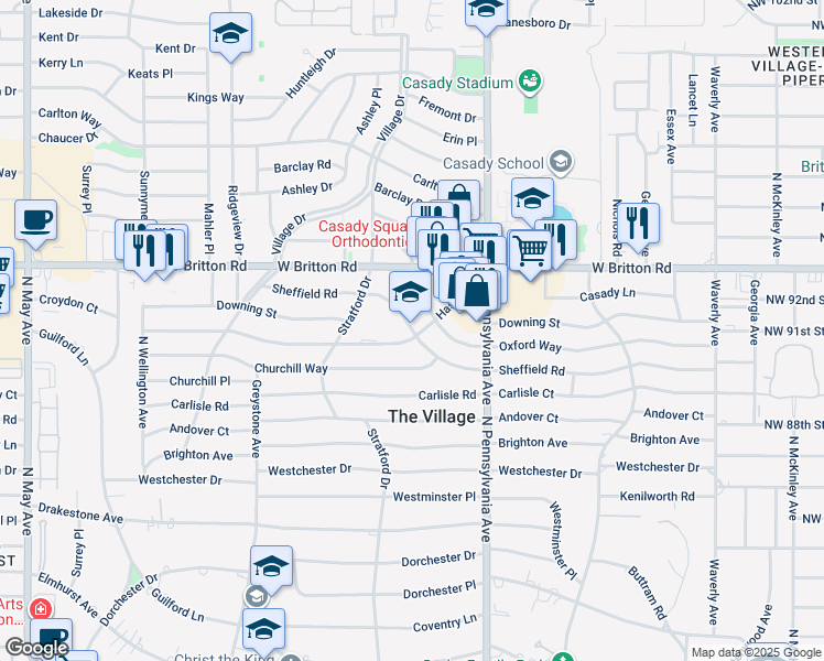 map of restaurants, bars, coffee shops, grocery stores, and more near 1810 Sheffield Road in The Village