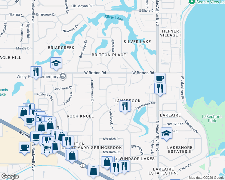 map of restaurants, bars, coffee shops, grocery stores, and more near 6313 Bingham Court in Oklahoma City