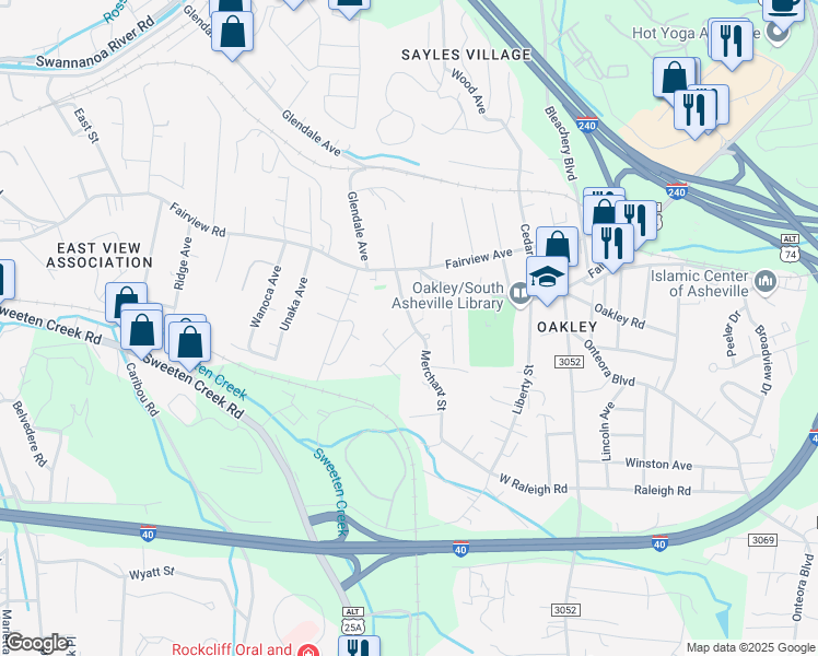 map of restaurants, bars, coffee shops, grocery stores, and more near 51 Merchant Street in Asheville