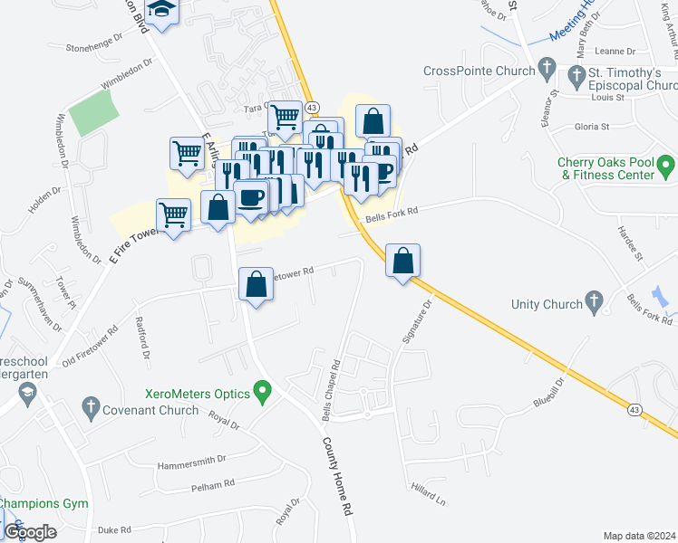 map of restaurants, bars, coffee shops, grocery stores, and more near 2074 Bells Chapel Road in Greenville