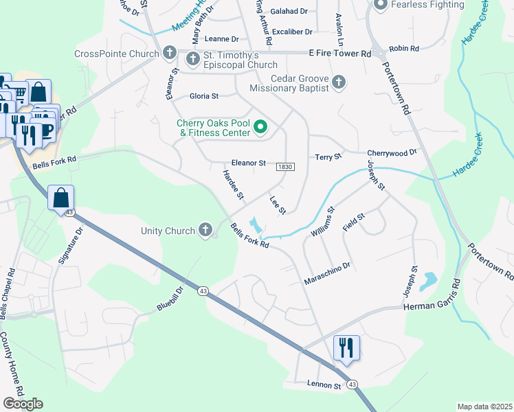 map of restaurants, bars, coffee shops, grocery stores, and more near 110 Harell Street in Greenville