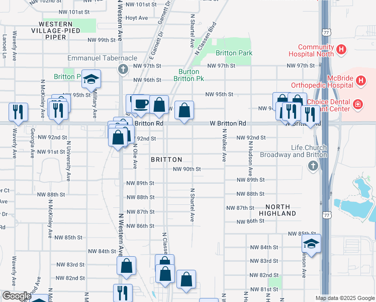 map of restaurants, bars, coffee shops, grocery stores, and more near 705 Northwest 91st Street in Oklahoma City